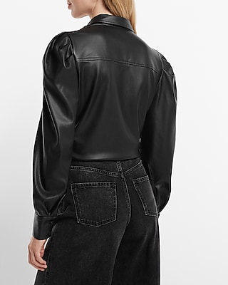 Faux Leather Puff Sleeve Button Up Shirt