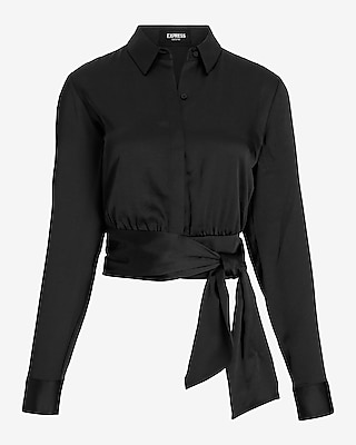Satin Tie Front Banded Bottom Portofino Shirt