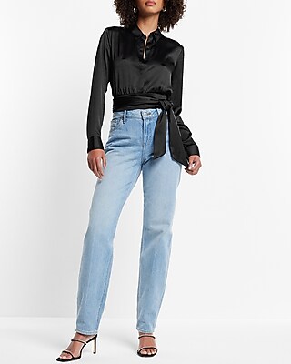 Satin Tie Front Banded Bottom Portofino Shirt