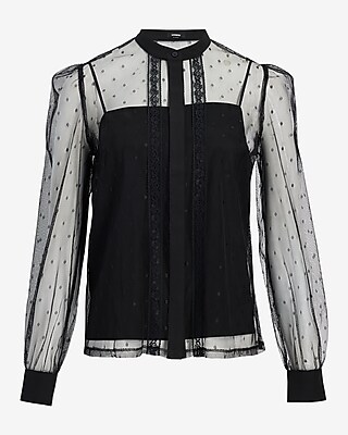 Tulle Polka Dot Long Sleeve Button Up Shirt
