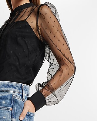 Tulle Polka Dot Long Sleeve Button Up Shirt