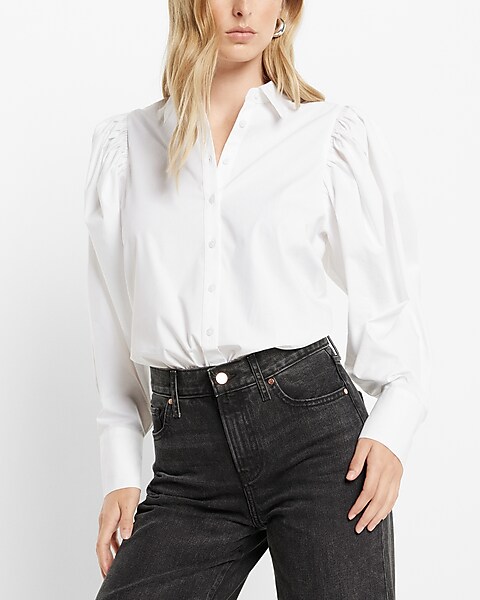 White Long Sleeve Button Down Bodysuit - HEIGHT-OF-FASHION
