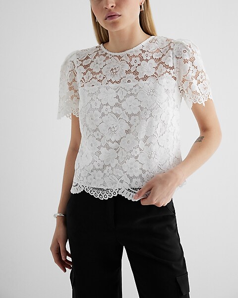 Womens Lace Short Sleeve Crewneck T-Shirt Summer Casual Floral