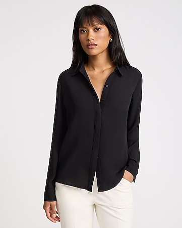 women dress shirts Womens 3/4 Sleeve Stretch Shirt and a back box pleat for ease of movement Women's Black Shirts- Satin &