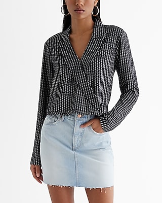 Printed Collared V-Neck Long Sleeve Faux Wrap Front Top