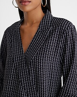 Printed Collared V-Neck Long Sleeve Faux Wrap Front Top