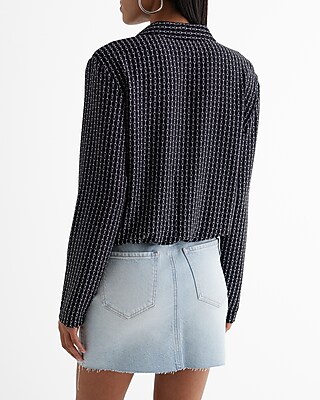 Printed Collared V-Neck Long Sleeve Faux Wrap Front Top
