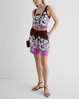 Floral Color Block Square Neck Cropped Tank