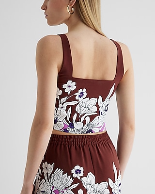 Floral Color Block Square Neck Cropped Tank