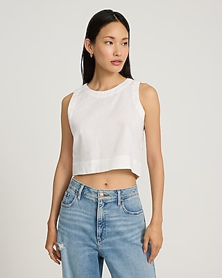 Linen-blend Crew Neck Button Back Cropped Tank