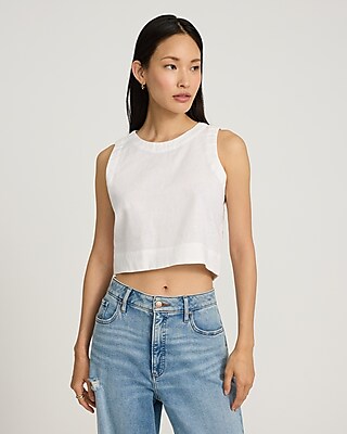 Linen-blend Crew Neck Button Back Cropped Tank