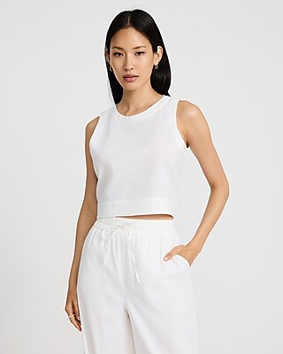 Linen-blend Crew Neck Button Back Cropped Tank