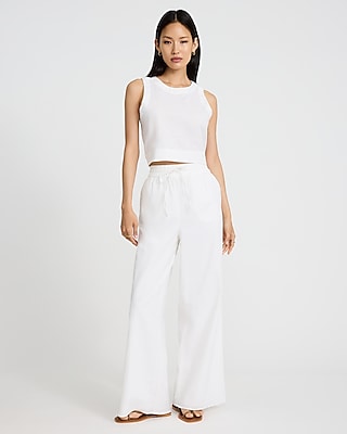 Linen-Blend Crew Neck Button Back Tank