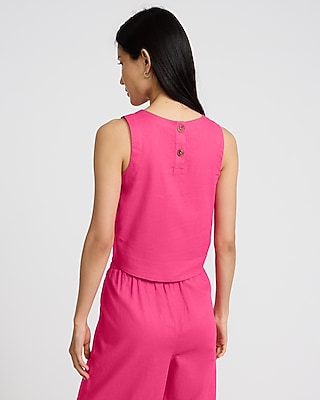 Linen-Blend Crew Neck Button Back Tank