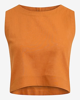 Linen-Blend Crew Neck Button Back Cropped Tank