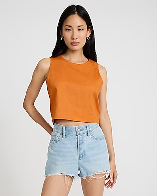 Linen-Blend Crew Neck Button Back Cropped Tank