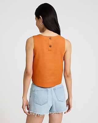 Linen-Blend Crew Neck Button Back Tank