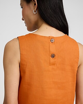 Linen-Blend Crew Neck Button Back Tank