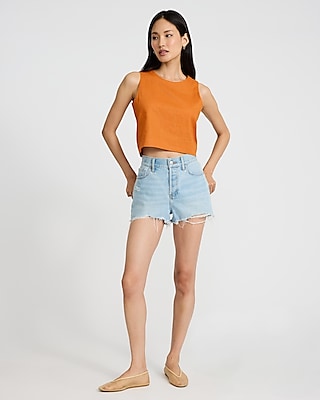Linen-Blend Crew Neck Button Back Tank