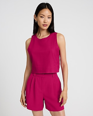 Linen-Blend Crew Neck Button Back Cropped Tank