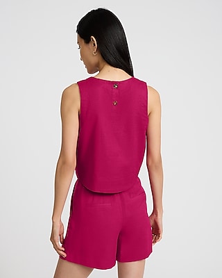 Linen-Blend Crew Neck Button Back Tank