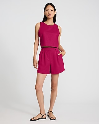 Linen-Blend Crew Neck Button Back Tank