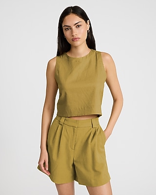 Linen-Blend Crew Neck Button Back Tank