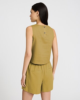 Linen-Blend Crew Neck Button Back Tank