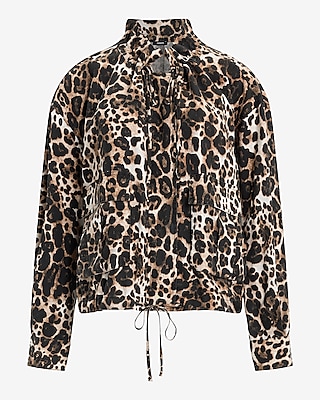 Leopard Ruffle Neck Adjustable Tie Utility Shacket