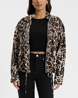 Leopard Ruffle Neck Adjustable Tie Utility Shacket