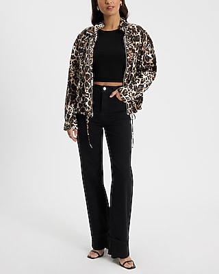 Leopard Ruffle Neck Adjustable Tie Utility Shacket