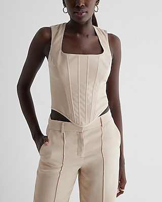 Faux Leather Linen-Blend Square Neck Corset Tank