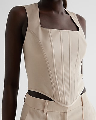 Faux Leather Linen-Blend Square Neck Corset Tank