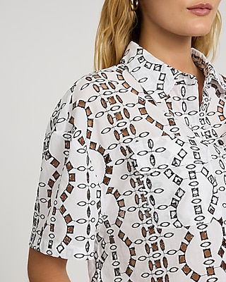 Eyelet Short Sleeve Cropped Boyfriend Portofino Shirt