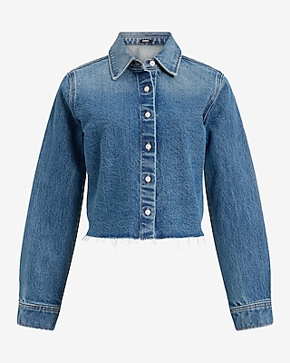 Cropped Light Wash Raw Hem Denim Shirt