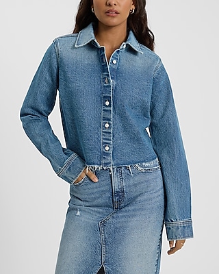 Cropped Light Wash Raw Hem Denim Shirt