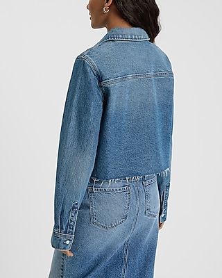 Cropped Light Wash Raw Hem Denim Shirt