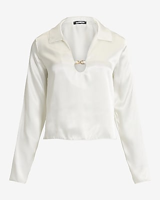 Express Satin V-Neck Long Sleeve Hardware Collared Top Express Satin V-Neck Long Sleeve Hardware Collared Top