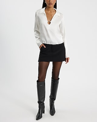 Express Satin V-Neck Long Sleeve Hardware Collared Top Express Satin V-Neck Long Sleeve Hardware Collared Top