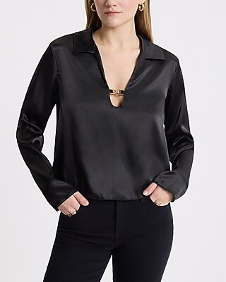 Satin V-neck Long Sleeve Hardware Collared Top | Express