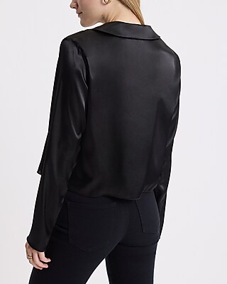 Satin V-neck Long Sleeve Hardware Collared Top | Express