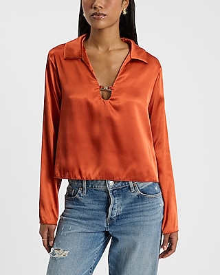 Satin V-Neck Long Sleeve Hardware Collared Top