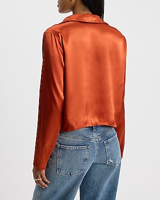 Satin V-Neck Long Sleeve Hardware Collared Top