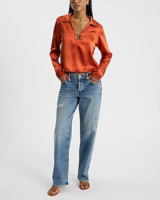 Satin V-Neck Long Sleeve Hardware Collared Top