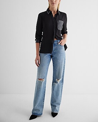 Faux Leather Pocket Tipped Relaxed Portofino Shirt