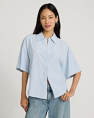 Striped Seersucker Short Sleeve Boyfriend Portofino Shirt
