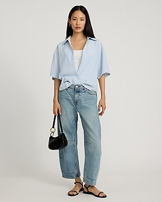 Striped Seersucker Short Sleeve Boyfriend Portofino Shirt