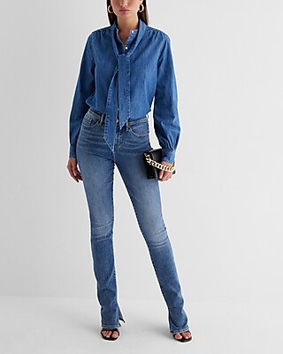 Relaxed Denim Tie Neck Portofino Shirt