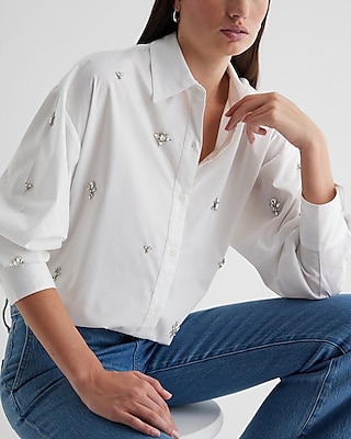 Poplin Embellished Rhinestone Boyfriend Portofino Shirt Women's