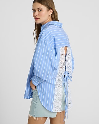 Striped Lace Open Back Tie Boyfriend Portofino Shirt